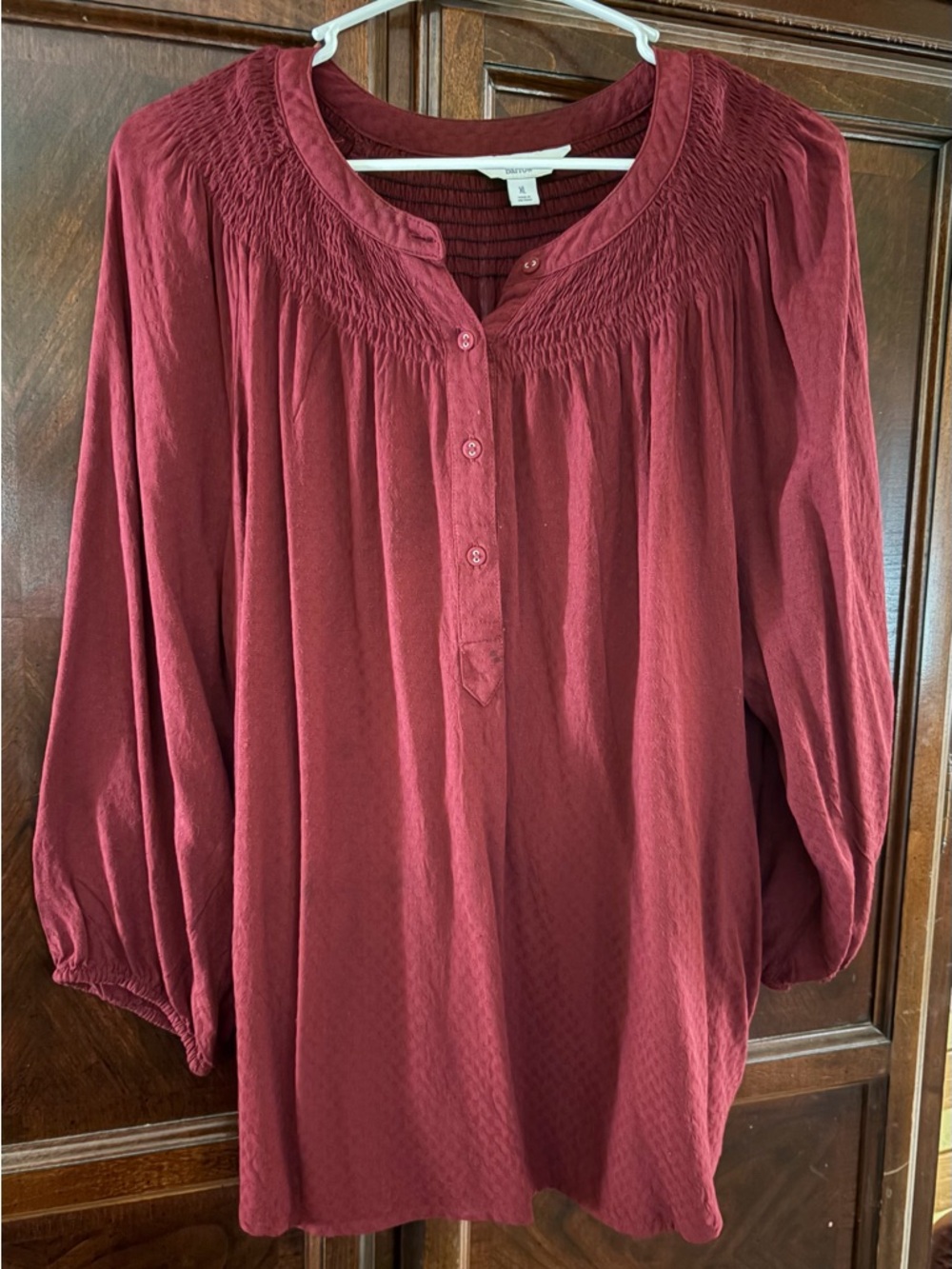 croft & barrow Burgundy Smocked Yoke Button-Front Tunic